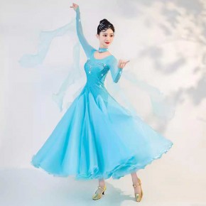 Turquoise blue fuchsia red competition ballroom dance dresses for women girls professional waltz tango foxtrot smooth dance long gown for female